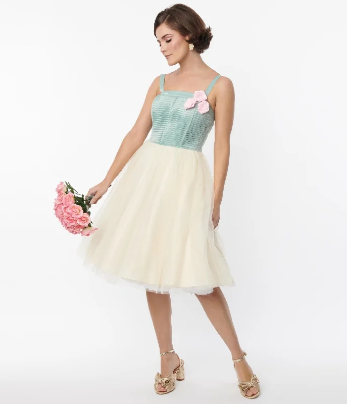 Forward Trendsetter Unique Vintage Sage & Ivory Tulle Swing Dress