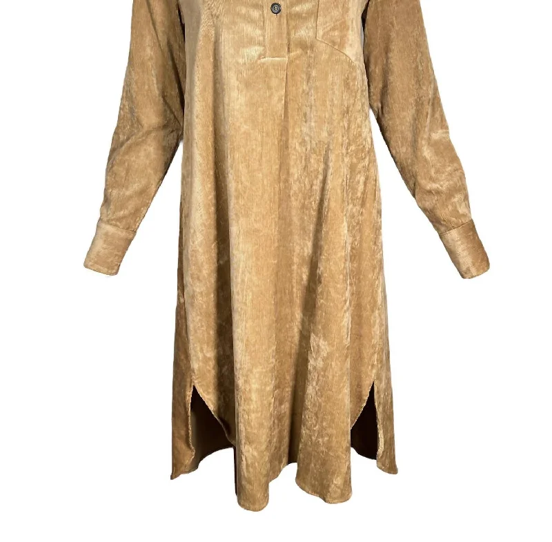 Laid-Back Elegance Women's Stretch Corduroy Shirt Dress In Camel