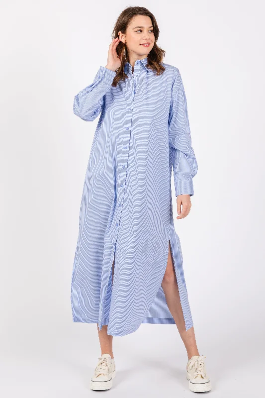 Flash Sale Now Blue Pinstriped Button Front Side Slit Midi Shirt Dress