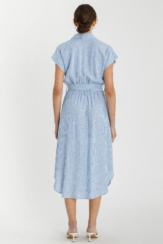 Trend Driven Wardrobe Blue Striped Sash Tie Midi Shirt Dress