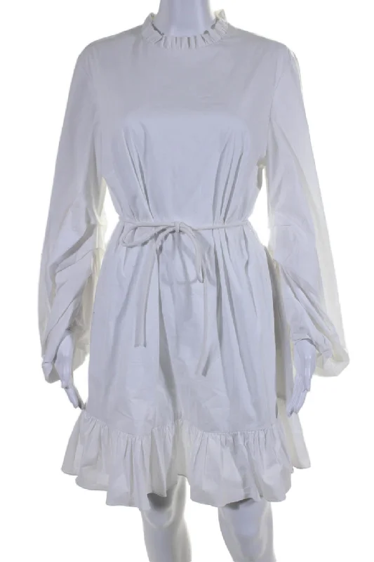 Clothing Store Staud Womens Long Sleeves Belted Ruffled Neck Shirt Dress White Cotton Clothing Store Staud Womens Long Sleeves Belted Ruffled Neck Shirt Dress White Cotton