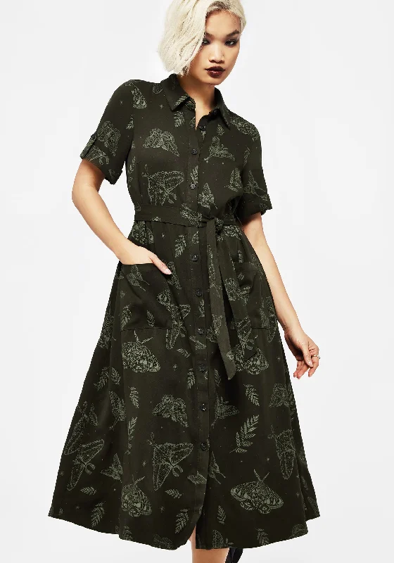 Your Timeless Wardrobe Awaits Callopistria Moth Print Midi Shirt Dress - Green