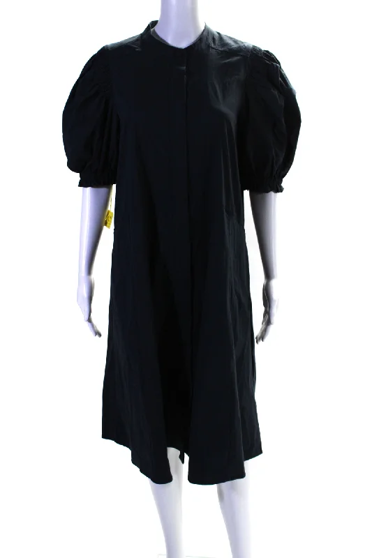 Eclectic Style Wardrobe Foil Womens Back In Business Puff Sleeve Midi Shirt Dress Navy Blue