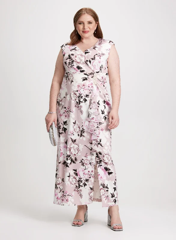 Exclusive Sale Flounced Rose Print Dress
