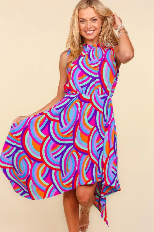 Preppy Style Full Size Mock Neck Sleeveless Printed Dress