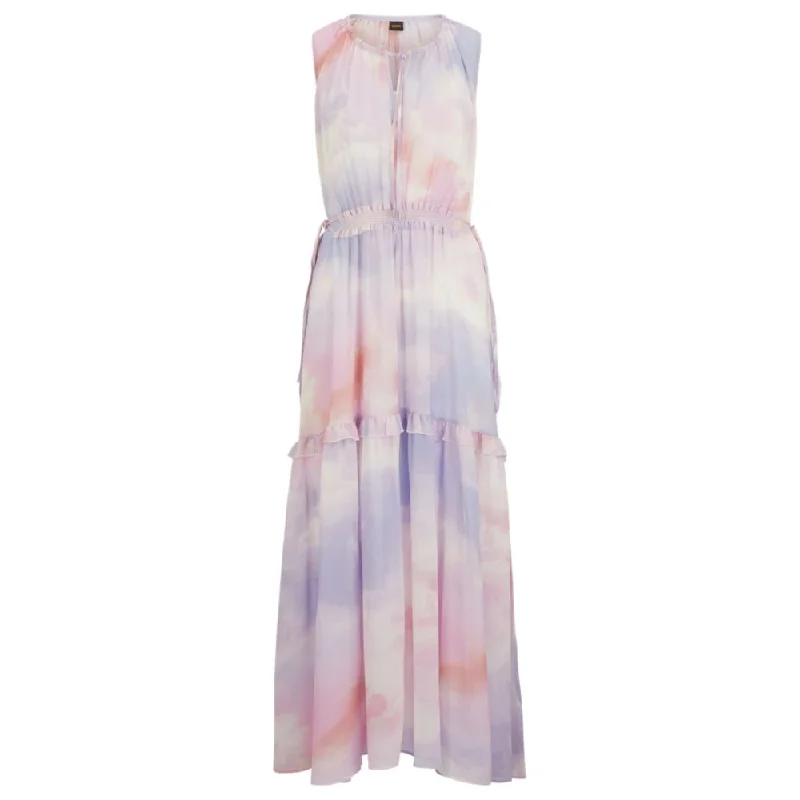 Plus Size Women Wear Sleeveless regular-fit printed dress with frill trims
