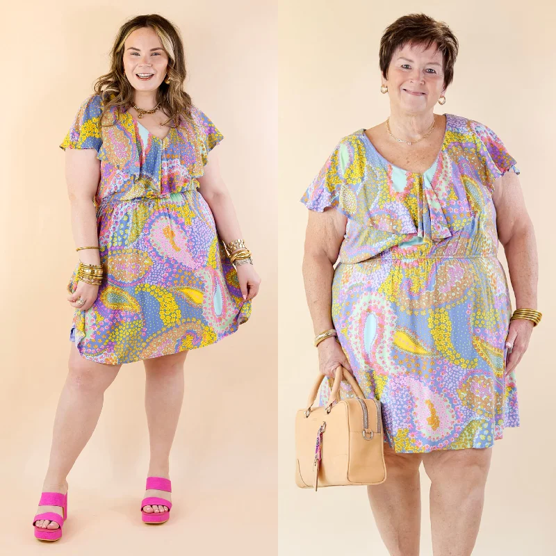 Casual Fashion Dance Around Floral and Paisley Print Dress with Ruffle Upper in Blue Mix