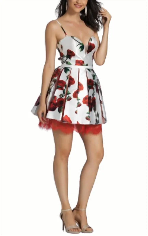 Budget Friendly Short Floral Printed Dress In Floral Red/white