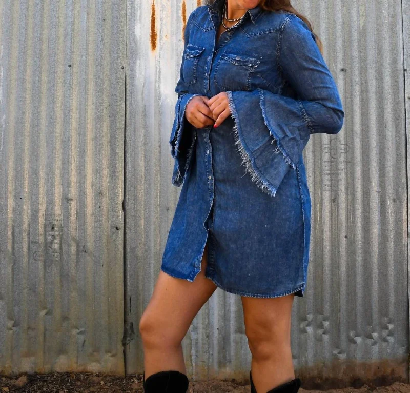 Save Big Abilene Denim Shirt Dress In Blue