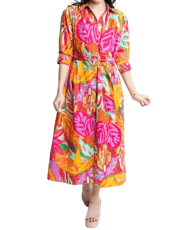 Outlet Clothing Abstract Tropical Palm Shirt Dress In Fuschia