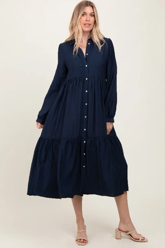 Hot Deals Navy Button Down Long Sleeve Midi Shirt Dress