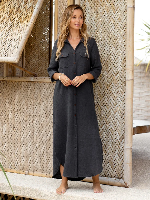 Special Offer For You Valentina Linen Blend Shirt Dress Charcoal