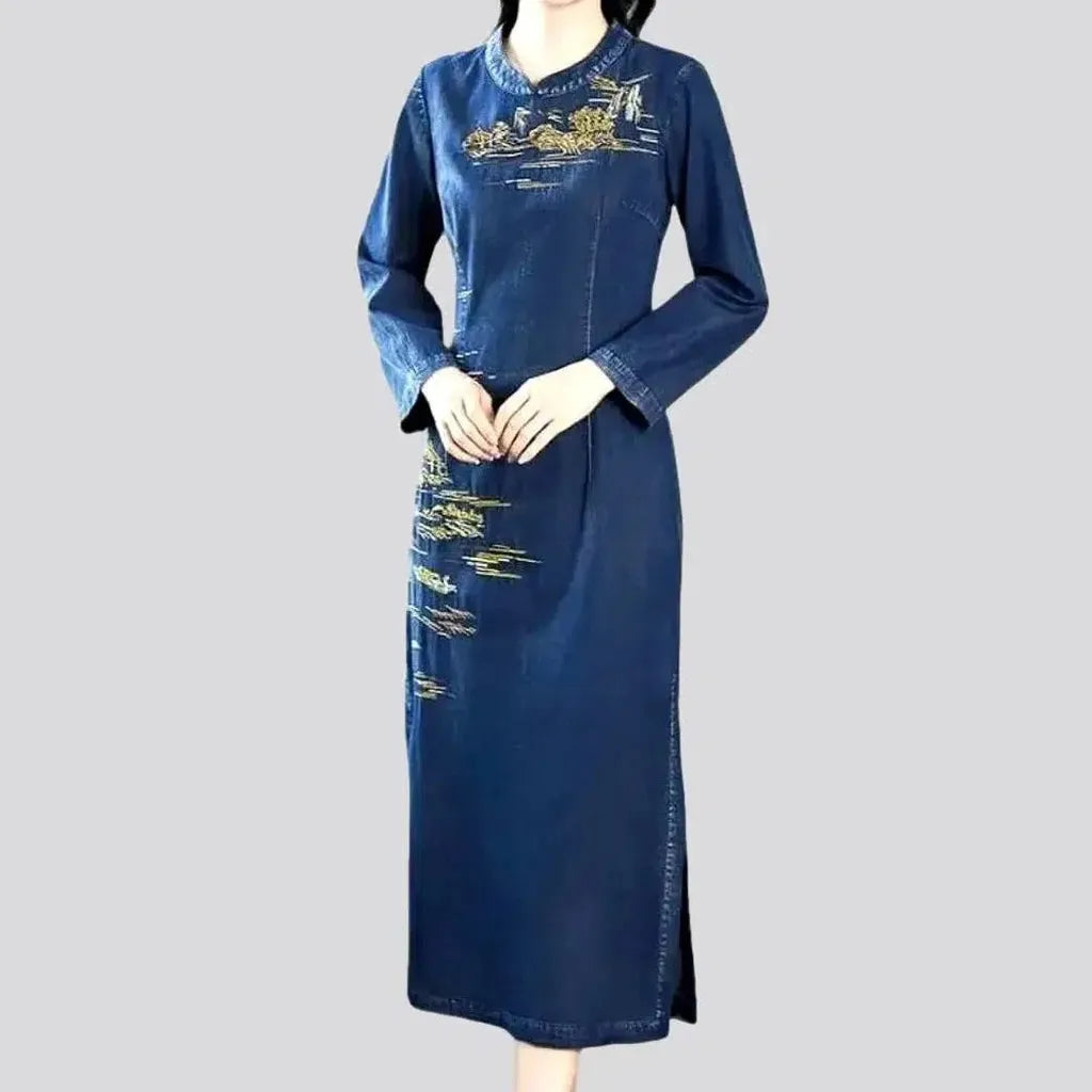 Latest Fashion Embroidered long jean dress