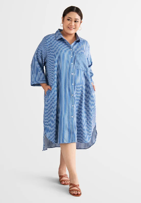 Trendy Attire For Her Leandra Stripes Long Shirt Dress - Blue