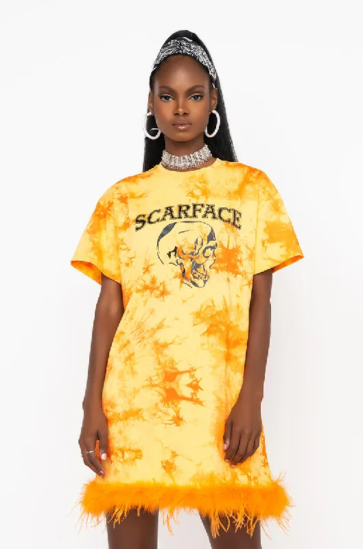 Chic Trends For The Fashion Savvy SCARFACE TIE DYE T SHIRT DRESS WITH FEATHER TRIM
