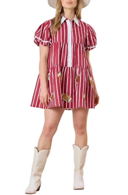 Best Boutiques Online Game Day Sequin Footballs Stripe Shirt Dress In Crimson