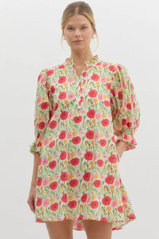 Current Trends Floral Print Elasticated ¾ Sleeve Pullover Mini Swing Dress