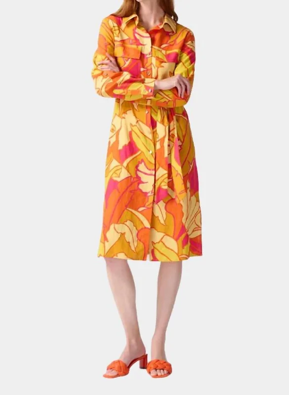 The Latest Trends Linen Blend Floral Print Shirt Dress In Pink/orange/multi