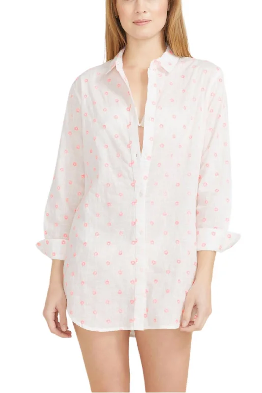 Browse Our Top Products Primavera Shirt Dress In White With Pink Embroidery