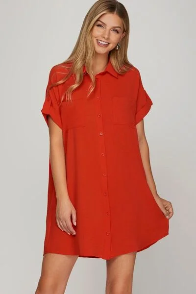 Summer Deals Red Short Sleeve Shirt Dress