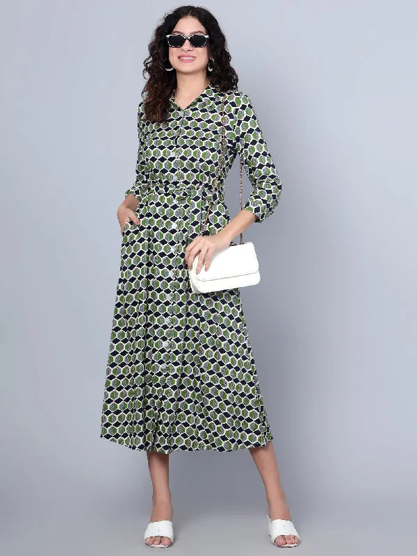 Big Savings Women's Casual Shirt collar Green Geometric Print Shirt Dress
