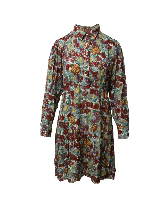 Comfortable Clothes Ba&sh Gathered Mini Shirt Dress in Floral-Print Metallic Mousseline Viscose Comfortable Clothes Ba&sh Gathered Mini Shirt Dress in Floral-Print Metallic Mousseline Viscose