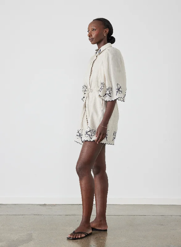 Clothing Online Hattie Linen Ramie Embroidery Mini Smock Shirt Dress | Flax Navy