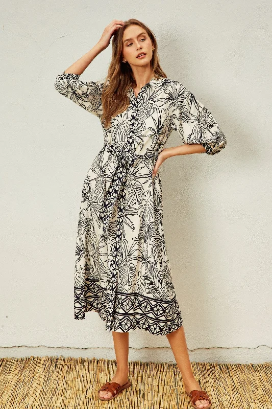 City Fashion Black Tropical Print Button Down Shirt Dress