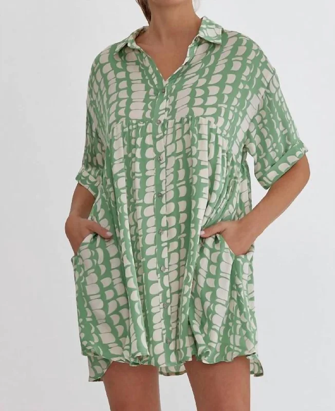 Elevate Your Wardrobe Satin Printed Shirt Dress In Green Tea