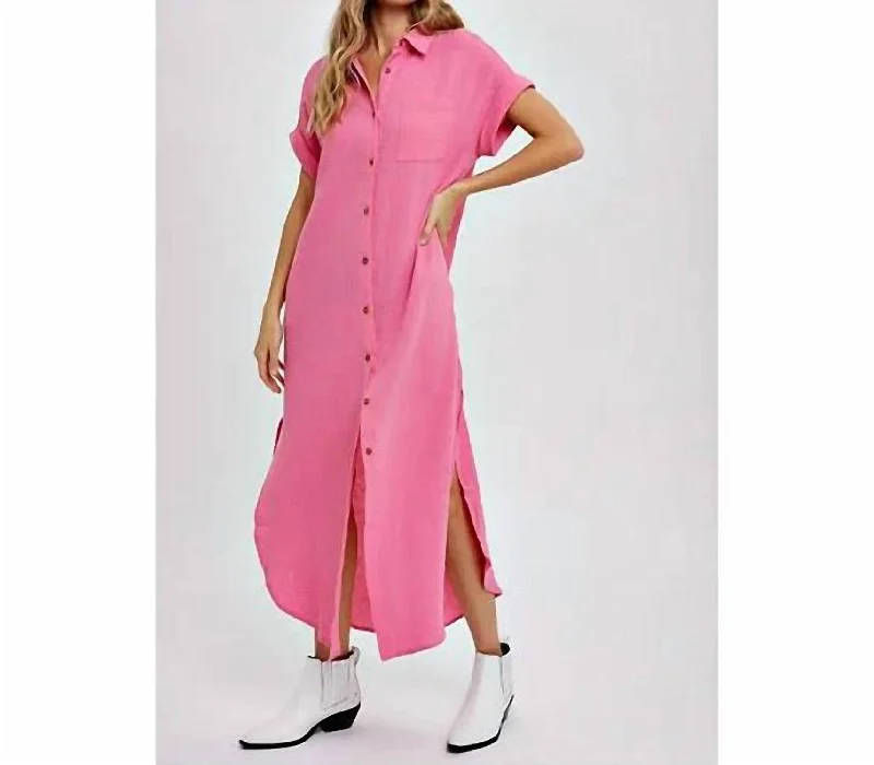 Chic And Edgy Maxi Button Up Shirt Dress With Pocket In Barbie Pink