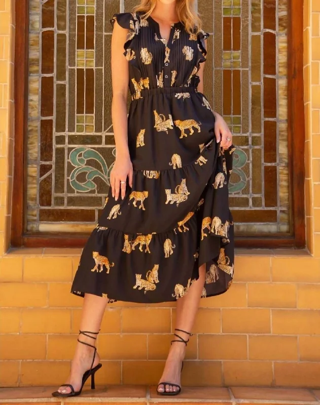 Trendy And Individual Women's Fashion Flutter Sleeve Cheetah Print Dress In Black