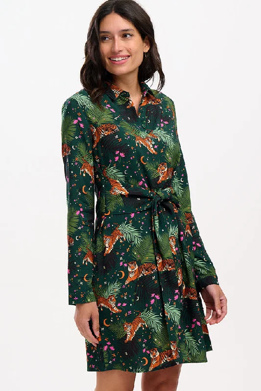 Trendy Women's Wear Collection Henrietta Mini Shirt Dress - Dark Green, Tigers & Palms