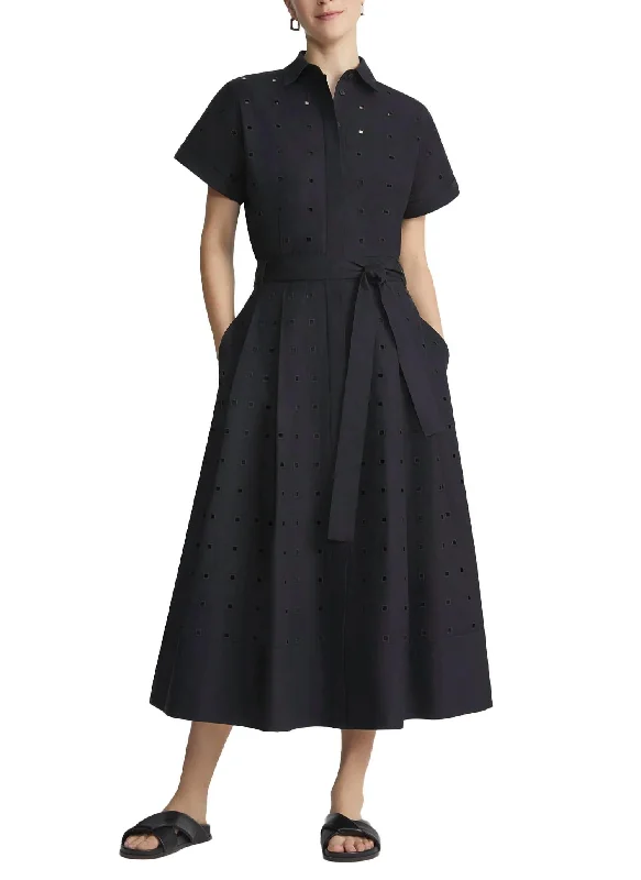 Quick Grab Deals Hand-Cut Block Eyelet Shirt Dress In Black