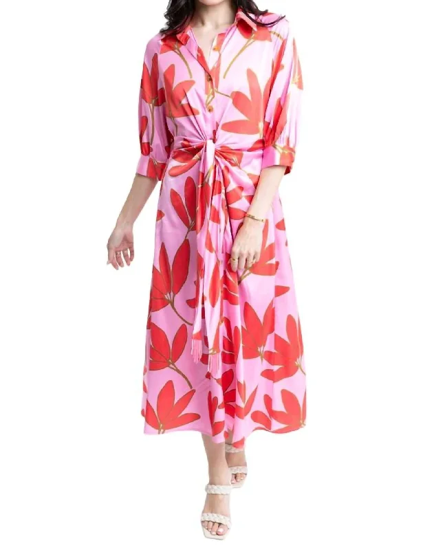 Day To Night Styles Satin Palm Floral Knot Shirt Dress In Pink/cherry