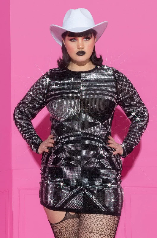 Runway Inspired Wear PLUS I MAKE IT LOOK EASY LONG SLEEVE RHINESTONE MESH DRESS