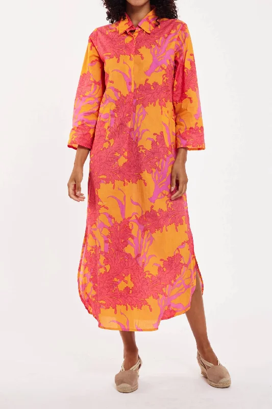 Clothes Women Gabriella Caftan Shirt Dress In Coral Orange Fuchsia