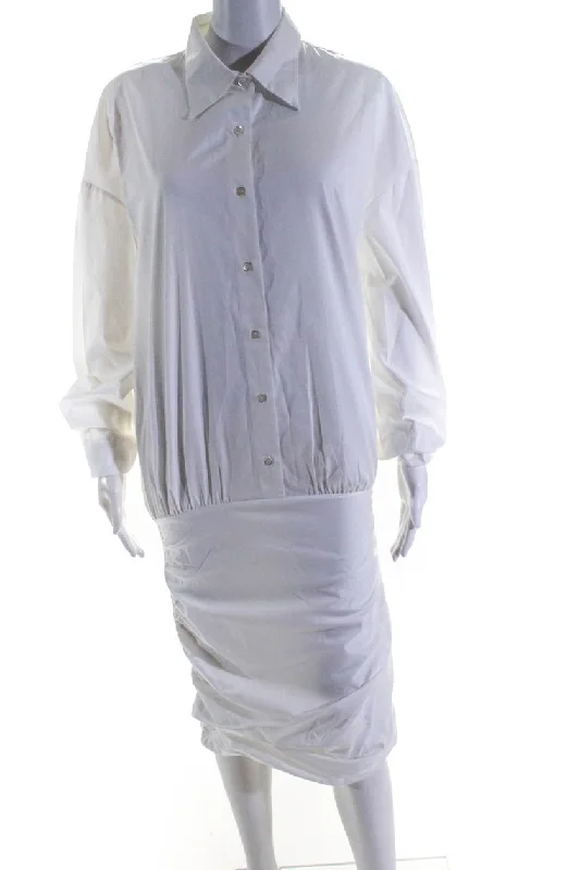 The Latest Fashion Trends Cekette Womens Half Button Side Zip Ruched Shirt Dress White Cotton The Latest Fashion Trends Cekette Womens Half Button Side Zip Ruched Shirt Dress White Cotton