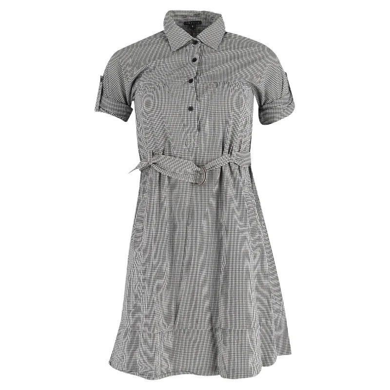 Trendy Styles Theory Mini Gingham Print Belted Shirt Dress in Black Cotton