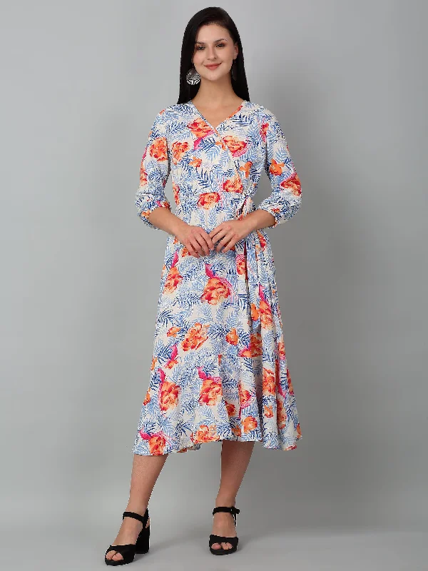 Women's Clothing Sale Women Sky Blue V-Neck Printed Dress