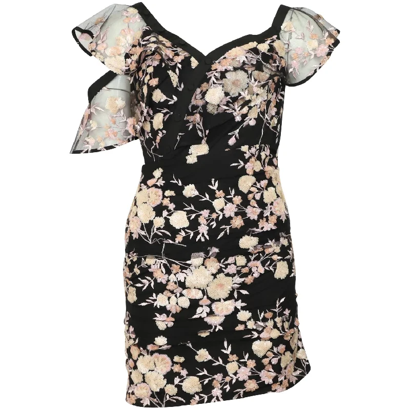 Holiday Glam Self-Portrait Frilled Floral One-Shoulder Mesh Dress in Black Polyester