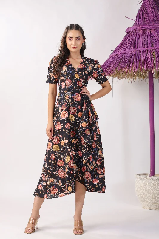 Stylish Savings Bagru Jaal on Black Wrap Around Cotton Dress