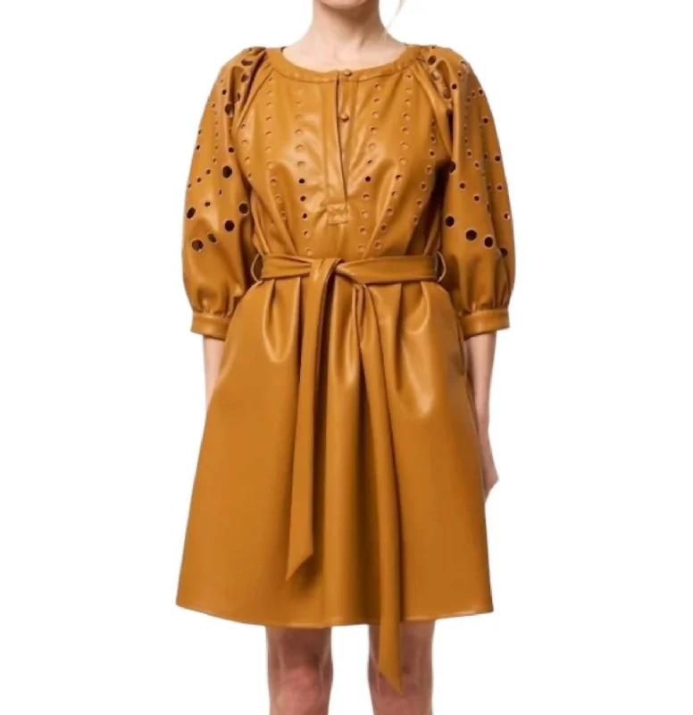 Huge Price Cut Kinna Embroidered Faux Leather Shirt Dress In Tan