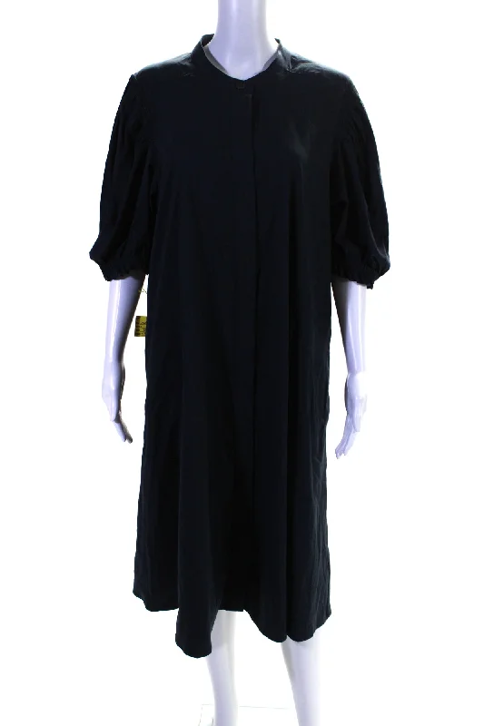 Comfort Centric Apparel Foil Womens Back In Business Puff Sleeve Midi Shirt Dress Navy Blue Comfort Centric Apparel Foil Womens Back In Business Puff Sleeve Midi Shirt Dress Navy Blue