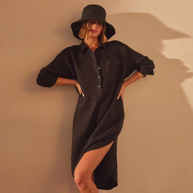 Holiday Gift Guide Sale Linen Shirt Dress - Black