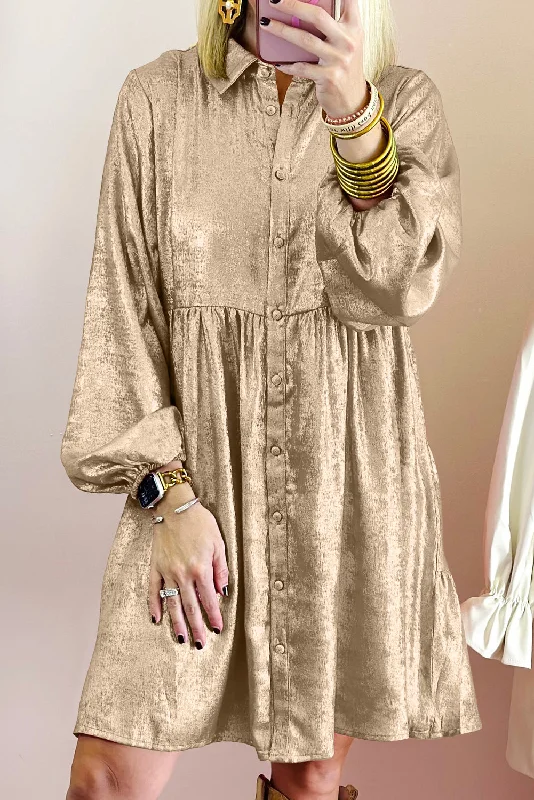 End Of Season Clearance Metallic Sheen Puff Sleeve Button Up Mini Shirt Dress