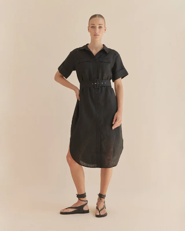 Cool Prices Provence Linen Shirt Dress - Black