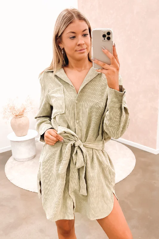 Huge Markdowns Embry Cord Shirt Dress Sage