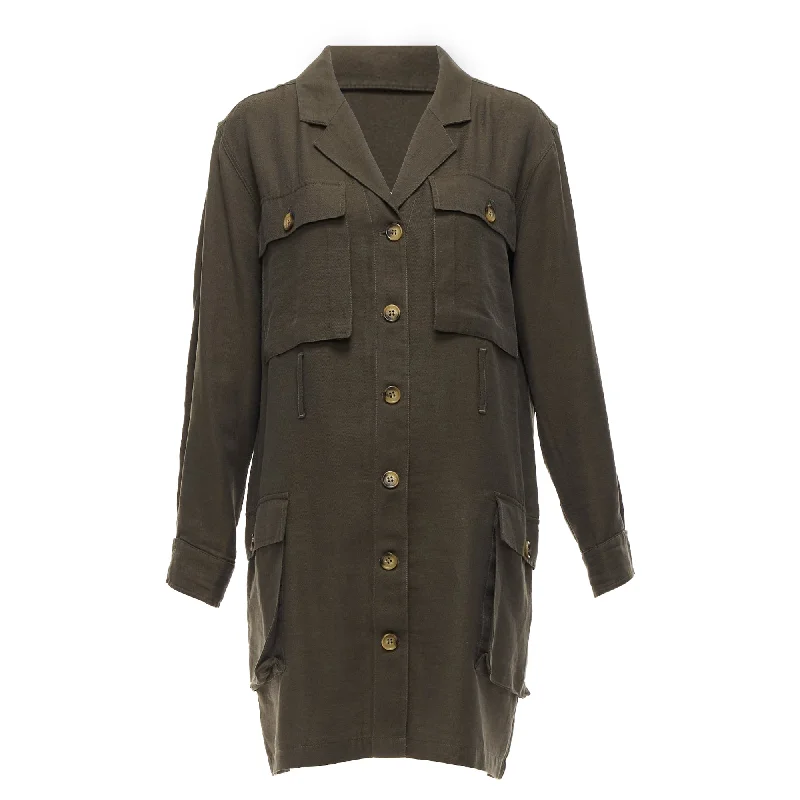 Daily Essentials Anine Bing Kaiden Willow Dark Green Pocketed Safari Shirt Dress