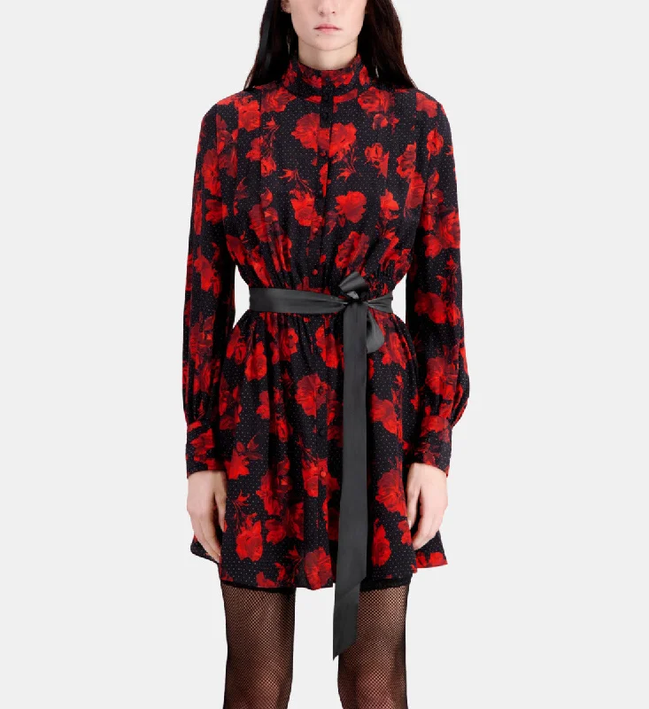 Colorful Clothing Short Printed Silk Shirt Dress