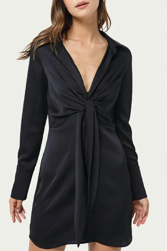 Rocker Chic Fashion Tie-Front Satin Shirt Dress In Black